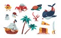 Cartoon pirate collection. Cute marine animals in pirate costumes, spyglass wooden chest palm trees and sailboat kids