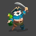 Cartoon pirate game drawing. Isolated old drunkard with rum bottle. Comic captain with parrot and dagger. Funny corsair Royalty Free Stock Photo