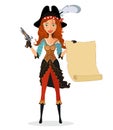 Cartoon pirate girl with powder gun and scroll isolated on a white background. Vector. Royalty Free Stock Photo