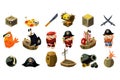 Cartoon pirate icons set. Mobile game assets. Captain, parrot, sailboat, treasure chest, gold, skull, crossed daggers Royalty Free Stock Photo