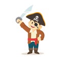 Cartoon pirate kid with sword and pirate hat. Flat vector illustration, isolated on white background. Royalty Free Stock Photo