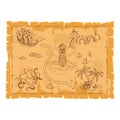 Cartoon pirate map. Old paper scroll. Horizontal poster of caribbean journey. Game clipart