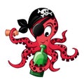 Cartoon pirate octopus with bottle