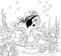 Cartoon pirate octopus with bottle. Underwater world. Black and white vector illustration for coloring book Royalty Free Stock Photo