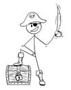 Cartoon of Pirate With Sabre and Treasure Chest