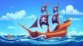 Cartoon pirate ship sailing in sea waters. Illustration of an old wooden boat with cannons and a black flag with a Jolly