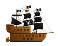 Cartoon pirate ship. Wooden corsair caravel sailing under black sails