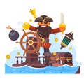 Cartoon pirate with sword and hook on ship. Vector illustration Royalty Free Stock Photo