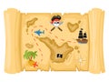 Cartoon pirate treasure map, old ancient papyrus scroll. Papyrus parchment old pirate adventure treasure map vector Royalty Free Stock Photo