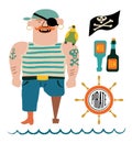 Cartoon pirate vector set. Pirate with a parrot on shoulder, flag with skull and bones, bottles of rum and steering wheel. Royalty Free Stock Photo