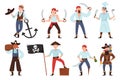 Cartoon pirates. Funny ship crew, cute men in retro costumes, sea bandits, jolly roger flag with skull, male smiling