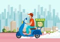 Cartoon pizza courier carries pizza on scooter