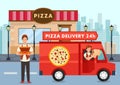 Cartoon pizza courier on truck carries pizza order