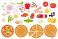 Cartoon pizza ingredients. Italian cuisine fast food, cooking time, pepperoni and meat, fresh vegetables, cheese and