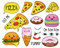 Cartoon pizza slice, macaroon, sandwich, ice cream, donuts. Fastfood fashion, cartoon illustrations.