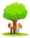 Cartoon place with boy and girl touched tree