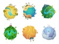 Cartoon planet. Earth visualization of different climatic zones cold and hot surface ice snow rocks sand desert lava