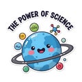 A cartoon planet with rings and molecules with the power of science text above it on a white background Royalty Free Stock Photo