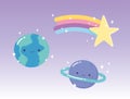 Cartoon planets earth saturn and shooting star with rainbow