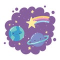 Cartoon planets earth saturn shooting star stars purple background decoration