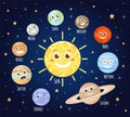 Cartoon planets with faces. Solar system planet character emoji, earth, moon, sun and mars in outer space. Astronomy for Royalty Free Stock Photo