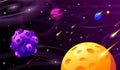 Cartoon planets in space. Planet in cosmos, starry universe background. Galaxy science landscape for digital game world Royalty Free Stock Photo