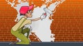 Cartoon plasterer paints a brick wall with white paint Royalty Free Stock Photo