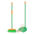 Cartoon plastic broom and scoop set. Broom sweeps dust and dirt. Housework, cleaning services, household,concept Royalty Free Stock Photo