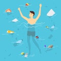 Cartoon Plastic Ocean Pollution Concept with Man in The Water . Vector