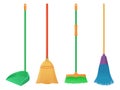 Cartoon plastic and wood broom set. A broom sweeps dust and dirt on scoop. Housework, cleaning services, household Royalty Free Stock Photo