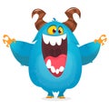 Cartoon pleased funny monster dancing. Halloween vector illustration of funny troll or gremlin.