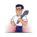 Cartoon plumber holding a big wrench