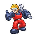 Cartoon plumber holding a big wrench. Royalty Free Stock Photo