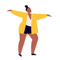 Cartoon plump woman dancing. A young pretty girl is dancing in a yellow jacket and short dark shorts. Vector stock