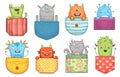 Cartoon pocket monster. Funny monsters in pockets, scary halloween creatures and little boo monster vector illustration