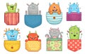 Cartoon pocket monster. Funny monsters in pockets, scary halloween creatures and little boo monster vector illustration set Royalty Free Stock Photo