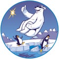 Cartoon Polar Bear Doing Cannonball Plunge While Penguins Watch Royalty Free Stock Photo