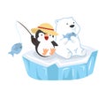 Cartoon polar bear with penguin sit on ice floe Royalty Free Stock Photo