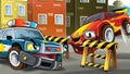 Cartoon police car officer on the road block stopping speeding car - illustration for children