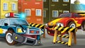 Cartoon police car officer on the road block stopping speeding car - illustration for children