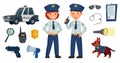 Cartoon police kids. Little boy and girl in patrol suits, police car and dog. Gun, radio and police badge vector