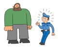 Cartoon police man afraid of the big man, vector illustration