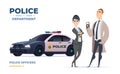 Cartoon police officers in civilian clothes, detective man and woman team. Police car. FBI agents Royalty Free Stock Photo