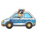 Cartoon policeman with car. Profession - police. Image of transport or vehicle for children. Colorful vector illustration for kids