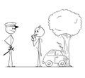 Cartoon of Policeman Controlling Alcohol Level of Drunk Driver After Car Accident Royalty Free Stock Photo