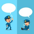 Cartoon policeman expressing different emotions with white speech bubbles