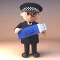 Cartoon policeman police officer in 3d carrying a thumb drive usb memory stick, 3d illustration Royalty Free Stock Photo