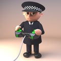 Cartoon policeman police officer in 3d playing a video game with a joystick, 3d illustration