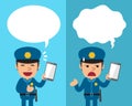 Cartoon policeman with smartphone expressing different emotions with speech bubbles