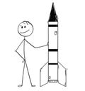 Cartoon of Politician or Businessman Leaning on Missile or Military Rocket